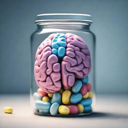 An image of a brain inside a pill jar, with the pills having a texture that resembles a brain