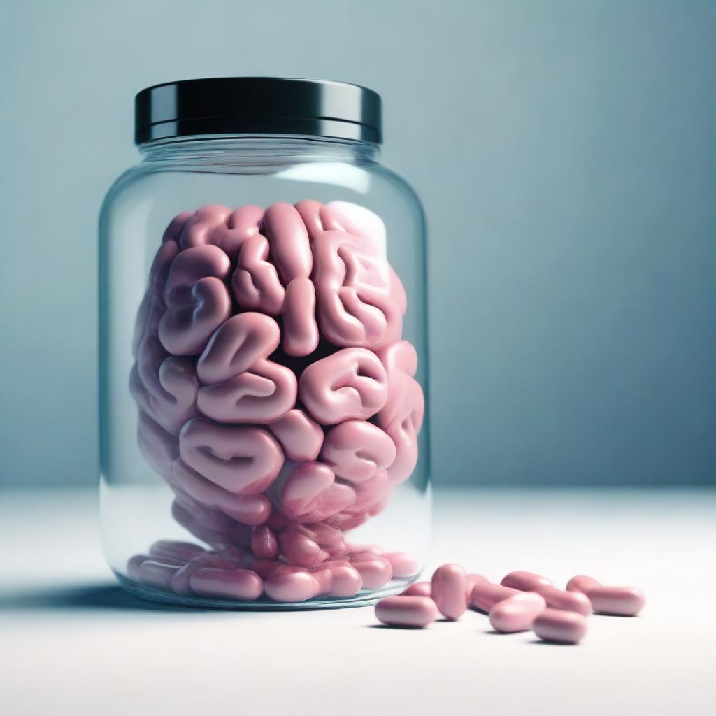 A brain structure inside a pill jar, with the pills having a texture that resembles a brain