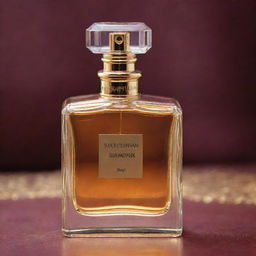 A close-up of a fancy, unopened perfume bottle with Shah Rukh Khan's name embellished on it, set against a luxurious, Bollywood-style background.