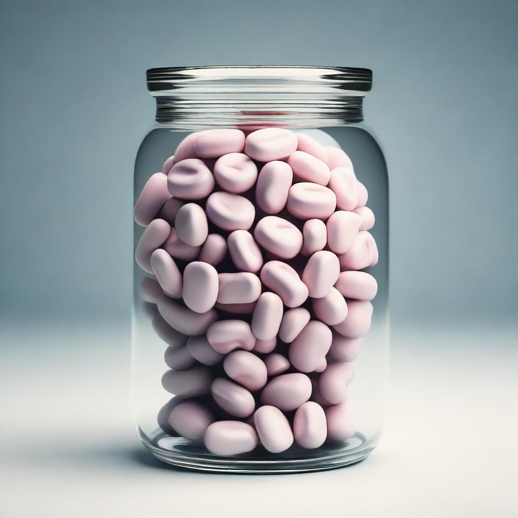 A brain structure inside a pill jar, with the pills having a texture that resembles a brain