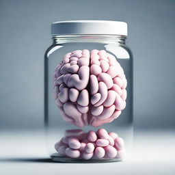 A brain structure inside a pill jar, with the pills having a texture that resembles a brain