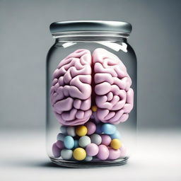 A brain structure inside a pill jar, with the pills having a texture that resembles a brain