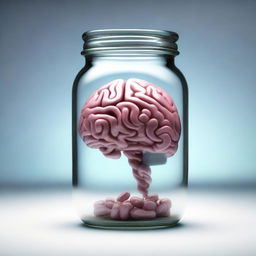 A brain inside a pill jar, creating a surreal and thought-provoking image