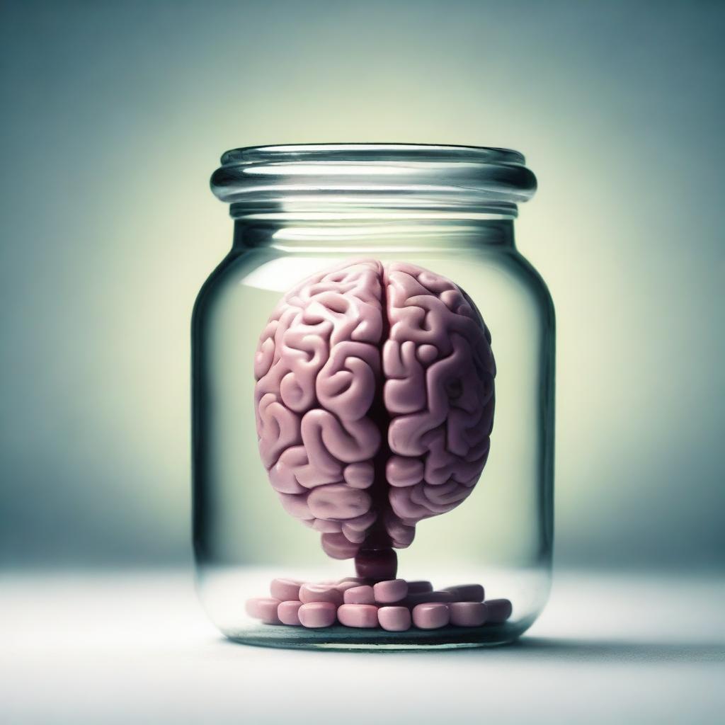 A brain inside a pill jar, creating a surreal and thought-provoking image