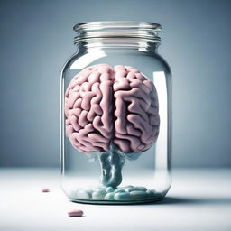 A brain inside a pill jar, creating a surreal and thought-provoking image