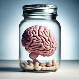 A brain inside a pill jar, creating a surreal and thought-provoking image