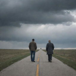 A crestfallen individual watching as his traitorous friend walks away, amidst a backdrop of overcast skies.