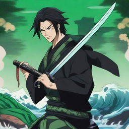 An anime poster featuring a young, handsome samurai dressed in black, holding two swords in his arm