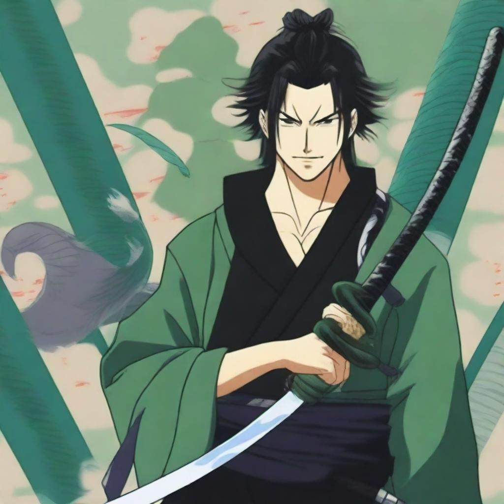 An anime poster featuring a young, handsome samurai dressed in black, holding two swords in his arm