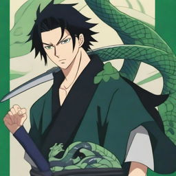 An anime poster featuring a young, handsome samurai dressed in black, holding two swords in his arm