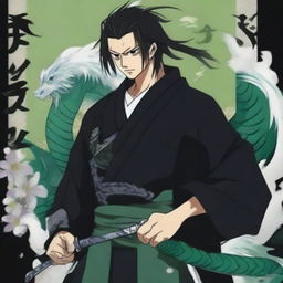 An anime poster featuring a young, handsome samurai dressed in black, holding two swords in his arm