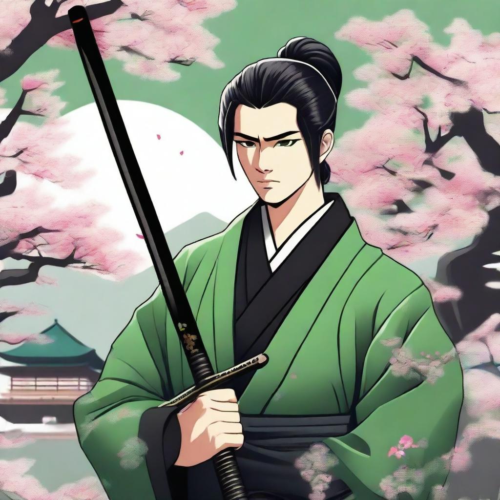 A young, handsome samurai dressed in black and green, holding two swords in his hand