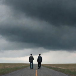 A crestfallen individual watching as his traitorous friend walks away, amidst a backdrop of overcast skies.