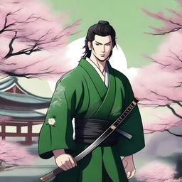 A young, handsome samurai dressed in black and green, holding two swords in his hand