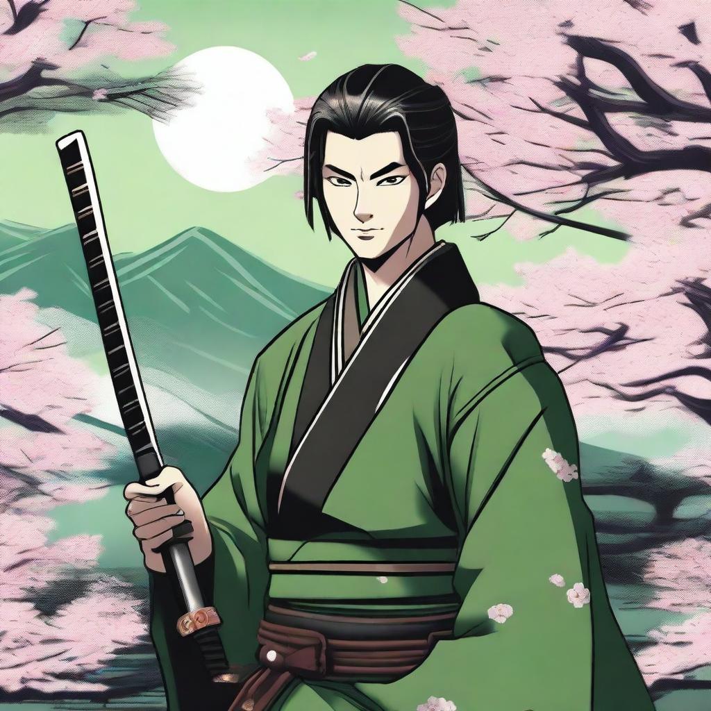 A young, handsome samurai dressed in black and green, holding two swords in his hand