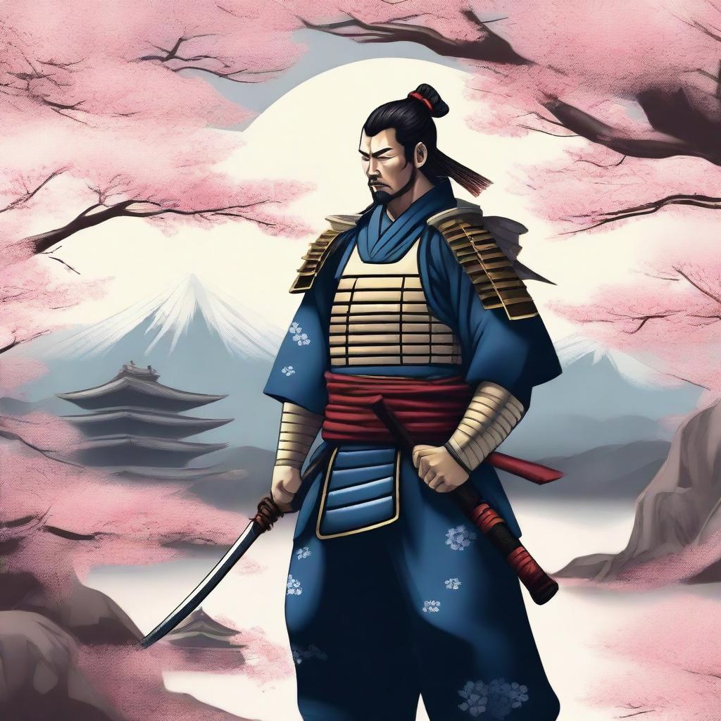 A detailed illustration of a samurai in traditional armor, standing in a heroic pose