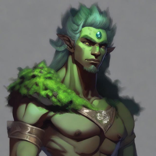 A male Earth Genasi with skin made of diabase, hair made of moss, and clear eyes made of quartz