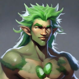 A male Earth Genasi with skin made of stone, hair made of moss, and clear eyes made of quartz