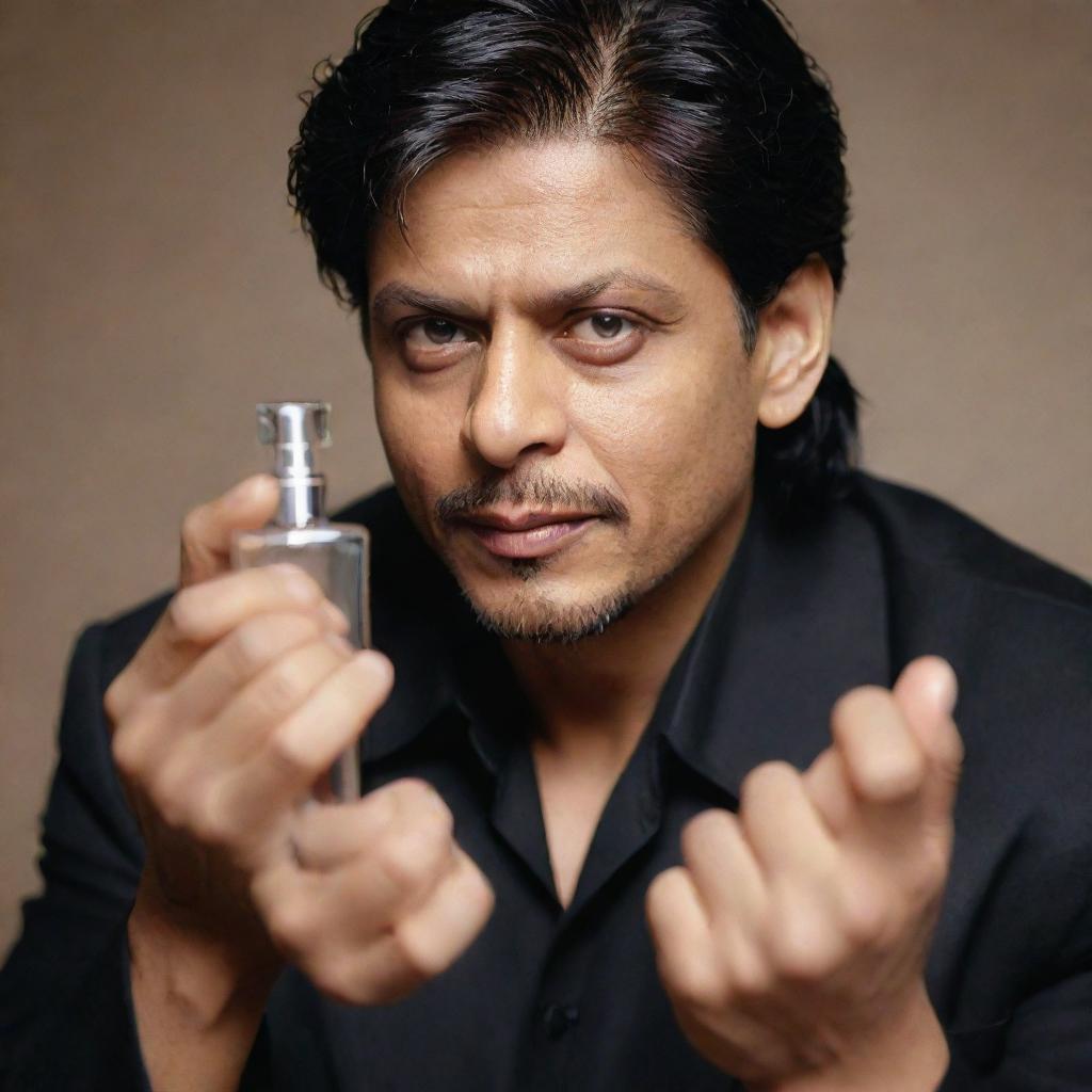 Shahrukh Khan, the famous Bollywood actor, holding a blurred perfume bottle.