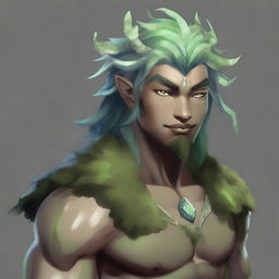 A male Earth Genasi with skin made of stone, hair made of moss, and clear eyes made of quartz