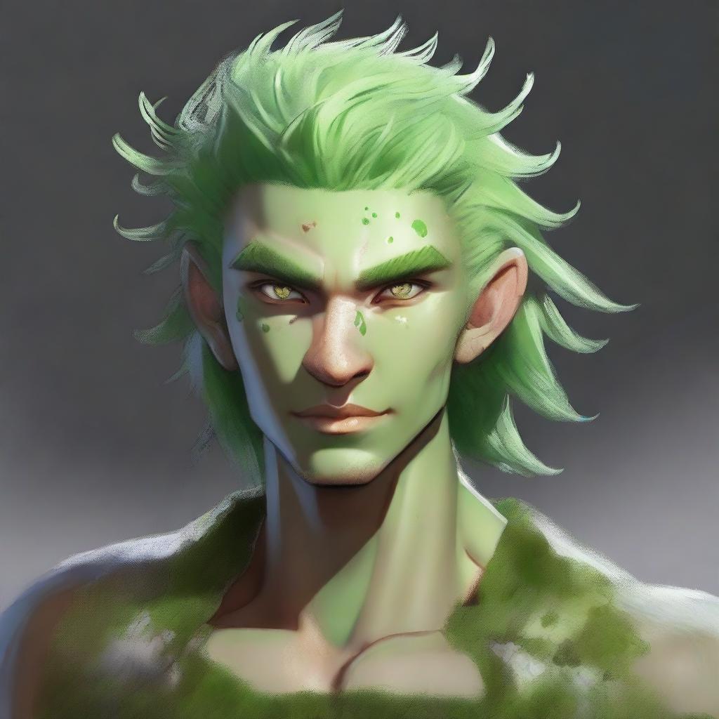 A male Earth Genasi with skin made of stone, hair made of moss, and clear eyes made of quartz