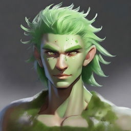 A male Earth Genasi with skin made of stone, hair made of moss, and clear eyes made of quartz