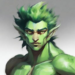 A male Earth Genasi with skin made of stone, hair made of moss, and clear eyes made of quartz