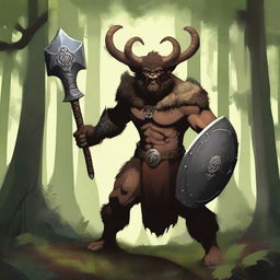 A satyr with dark brown fur, an orcish face with deer ears and nose