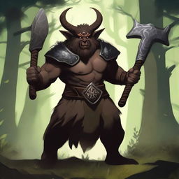 A satyr with dark brown fur, an orcish face with deer ears and nose