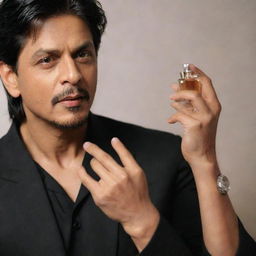 Shahrukh Khan, the famous Bollywood actor, holding a blurred perfume bottle.