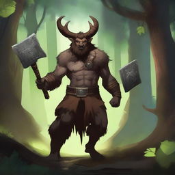 A satyr with dark brown fur, an orcish face with deer ears and nose