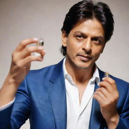 Shahrukh Khan, the famous Bollywood actor, holding a blurred perfume bottle.