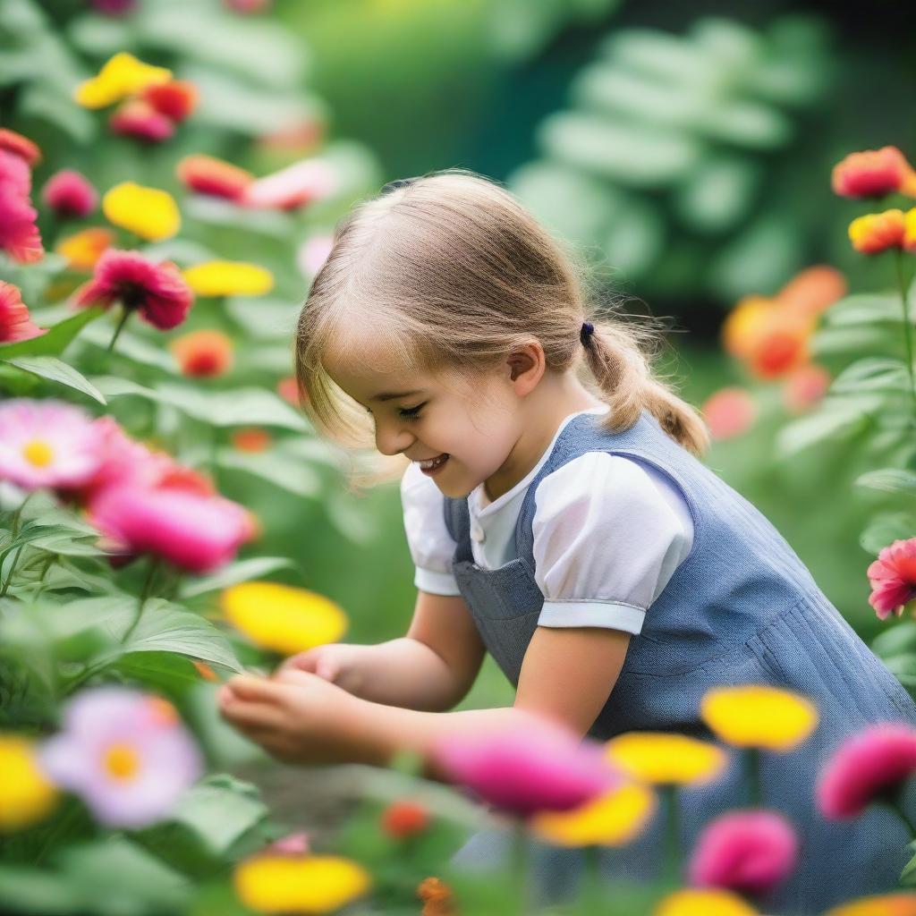 A young girl bending down to pick up a flower in a beautiful garden