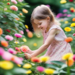 A young girl bending down to pick up a flower in a beautiful garden