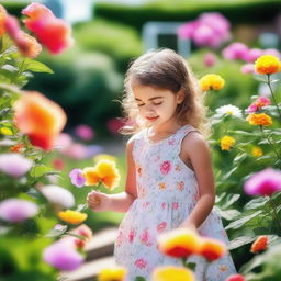 A young girl bending down to pick up a flower in a beautiful garden