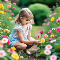 A young girl bending down to pick up a flower in a beautiful garden