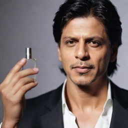 Shahrukh Khan, the famous Bollywood actor, holding a blurred perfume bottle.