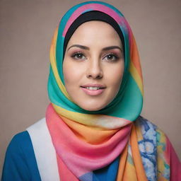 A portrait of a beautiful, elegant woman confidently wearing a colorful hijab.