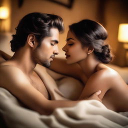 Create an image that evokes a sensual atmosphere, featuring soft lighting, warm colors, and a subtle, intimate setting