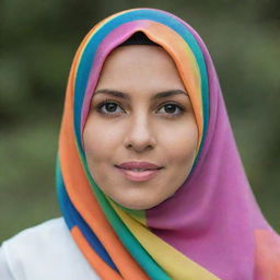 A portrait of a beautiful, elegant woman confidently wearing a colorful hijab.