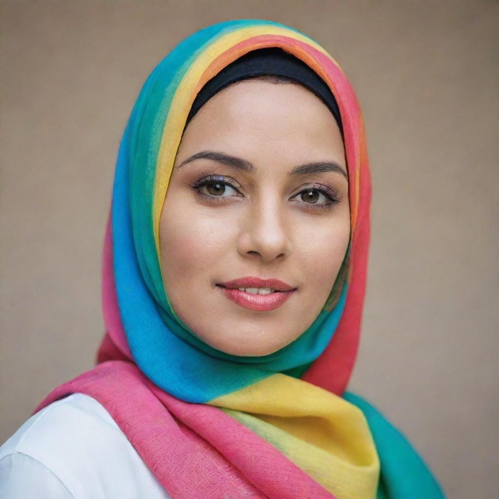 A portrait of a beautiful, elegant woman confidently wearing a colorful hijab.