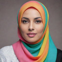A portrait of a beautiful, elegant woman confidently wearing a colorful hijab.