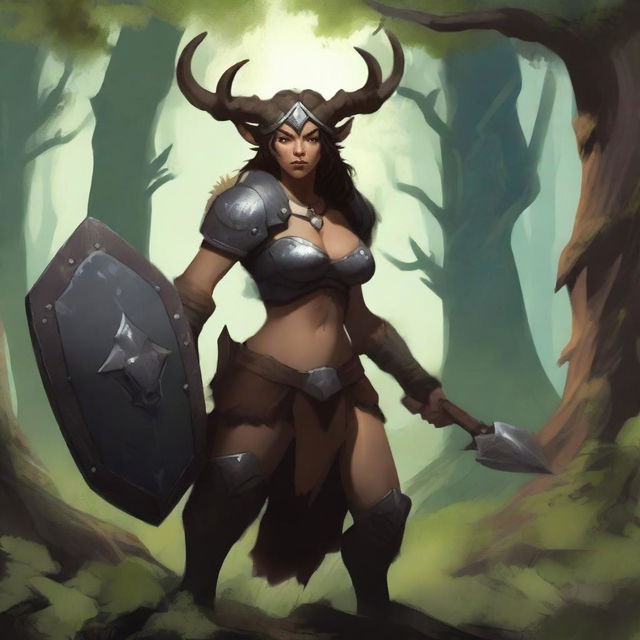 A female satyr with dark brown fur, an orcish face with deer ears and nose