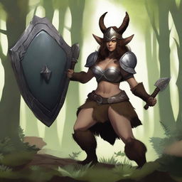 A female satyr with dark brown fur, an orcish face with deer ears and nose