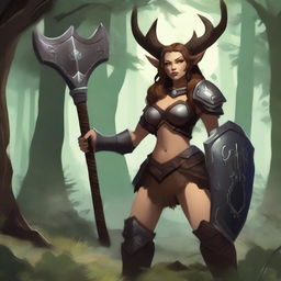 A female satyr with dark brown fur, an orcish face with deer ears and nose