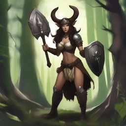 A female satyr with dark brown fur, an orcish face with deer ears and nose