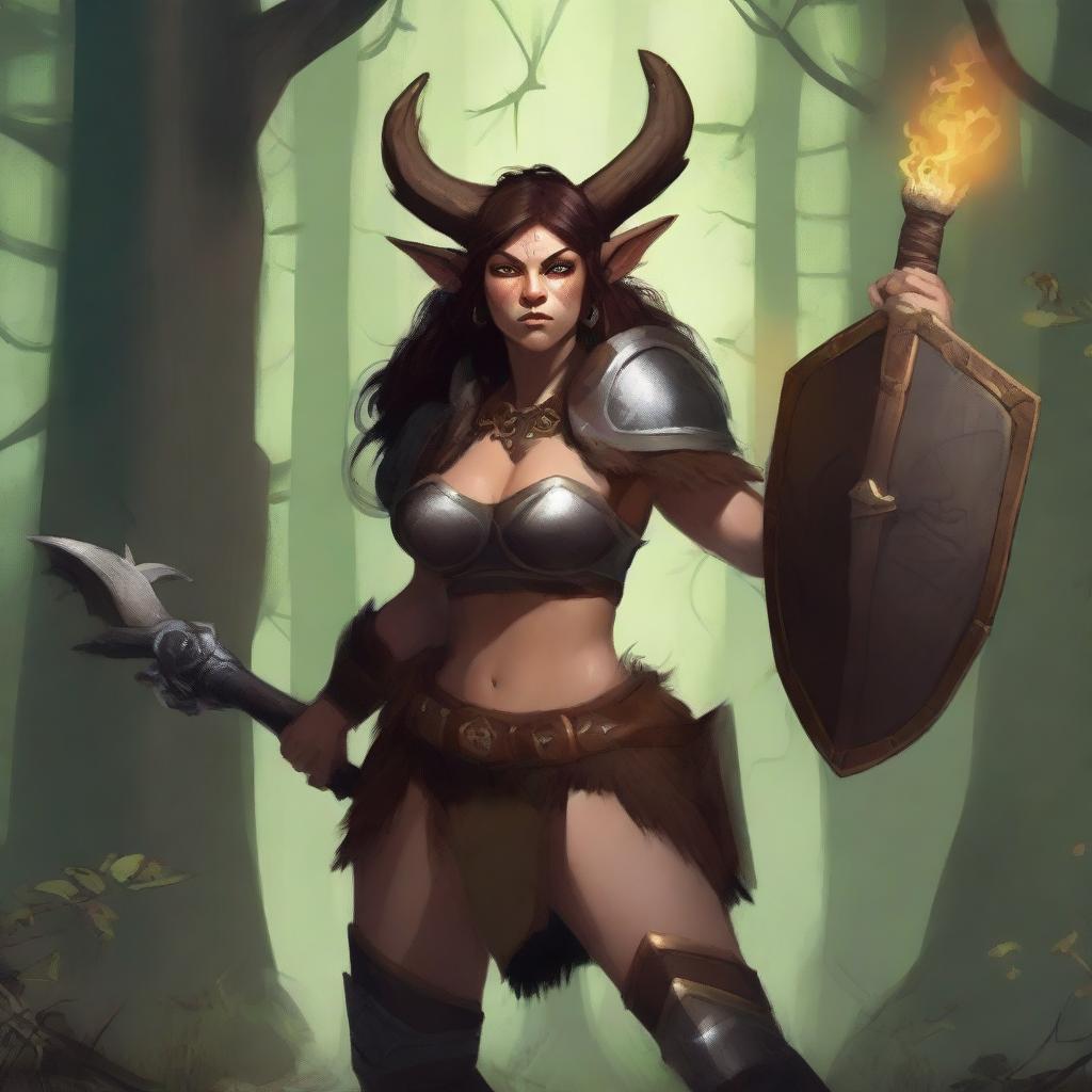 A female satyr with dark brown fur, an orcish face with deer ears and nose