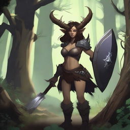 A female satyr with dark brown fur, an orcish face with deer ears and nose