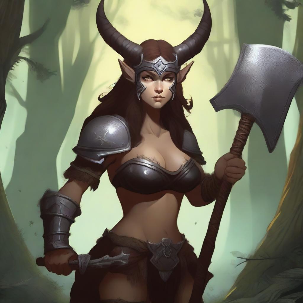 A female satyr with dark brown fur, an orcish face with deer ears and nose