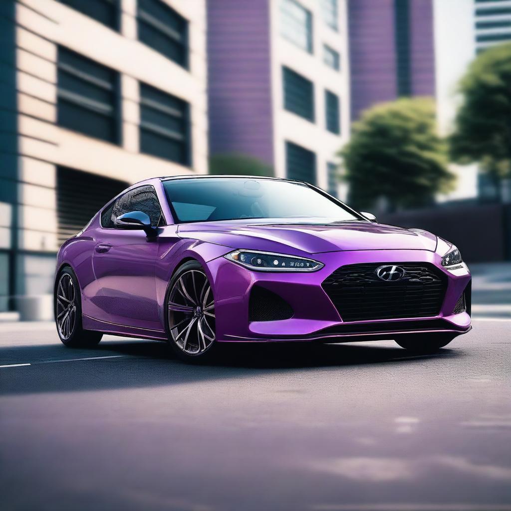 A detailed image of a Hyundai Coupé with a hard tune, featuring a purple and white mix color scheme